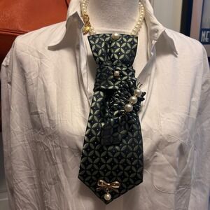Handmade Pearl Necktie Necklace Green Geometric Medallion Bow Heart Charm Preppy